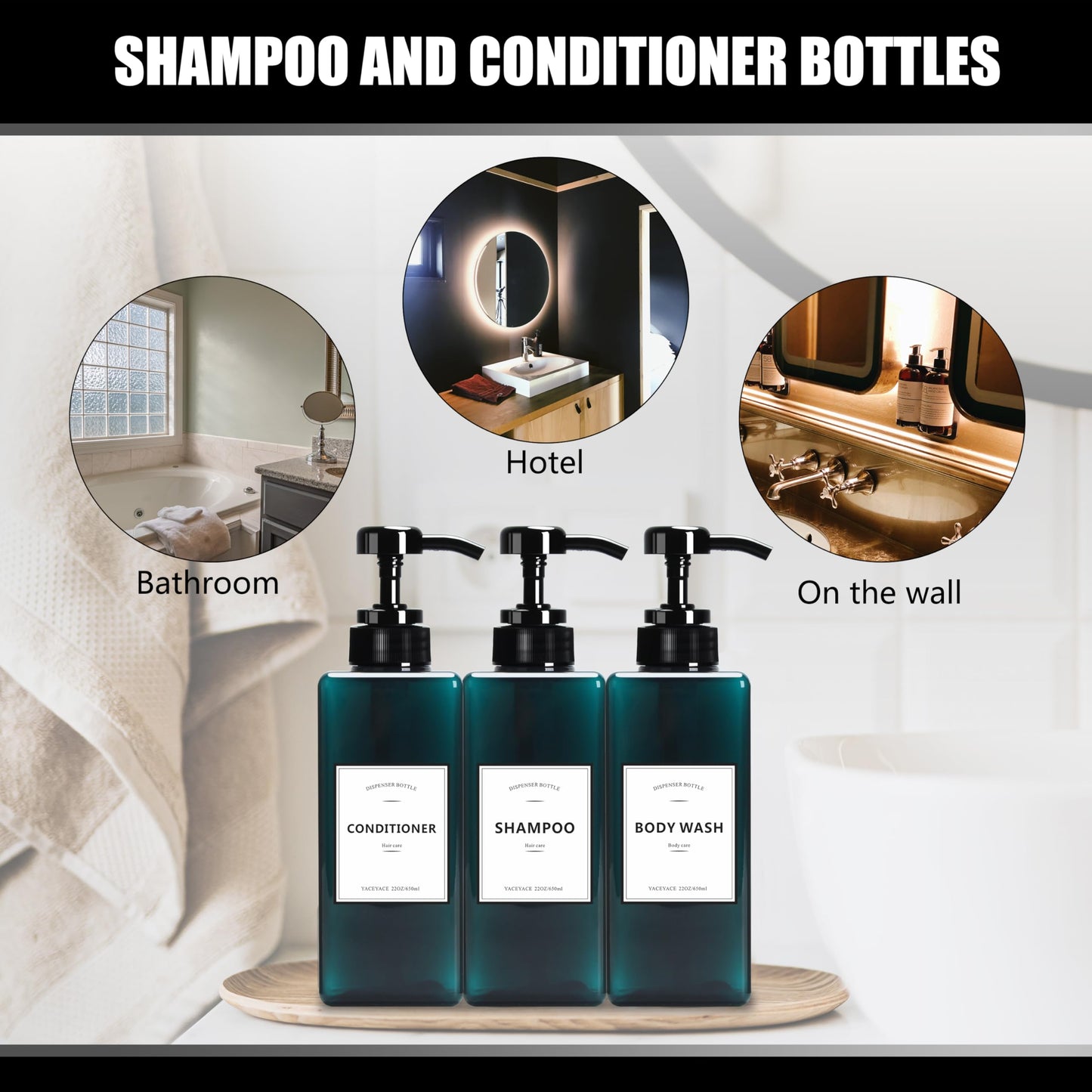 YACEYACE Large Shower Bottles with Pump, 22oz Set of 3 Shampoo Dispenser Bottles, Refillable Shampoo Dispenser Bottles for Travel, Bathroom, Kitchen