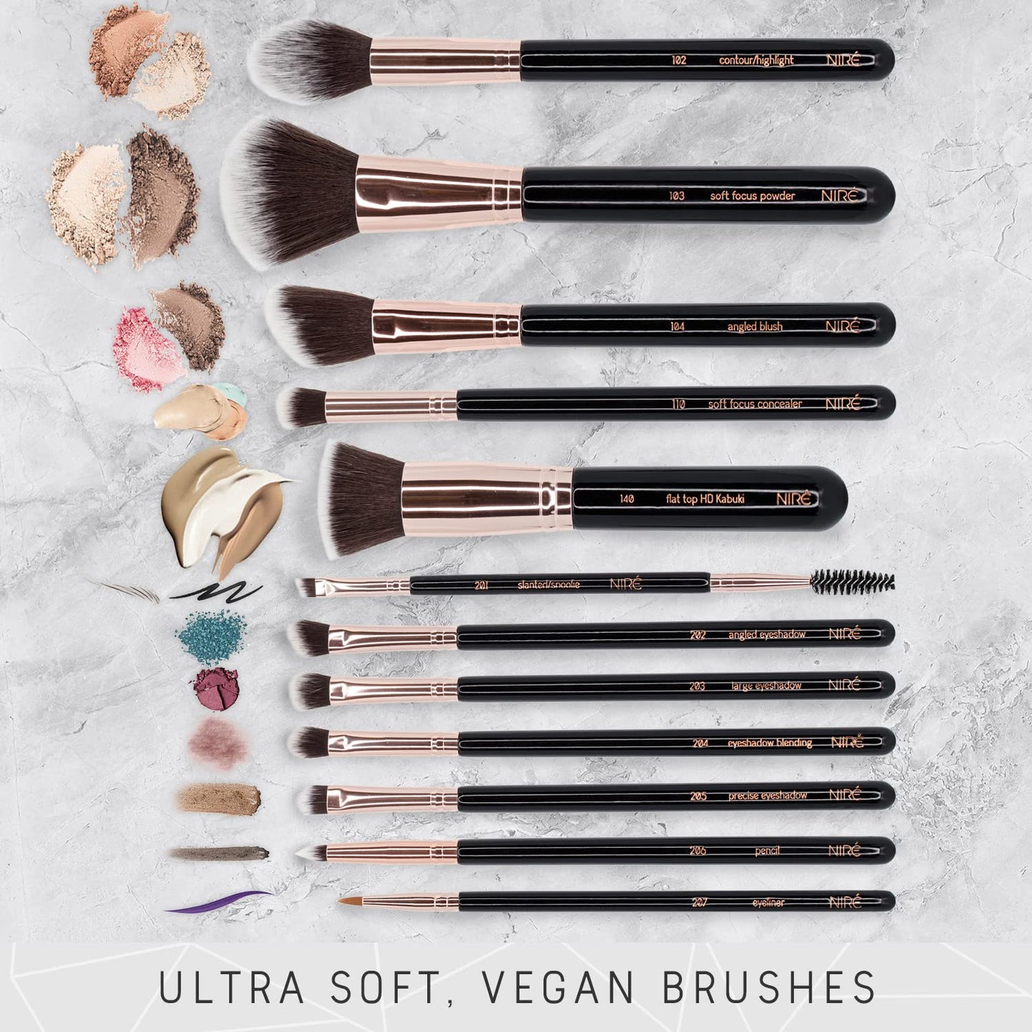 Niré Beauty 15 Piece Award Winning Black & Rose Gold Makeup Brush Set: Vegan Professional Makeup Brushes for Women with Holder Case, Sponge, Cleaner & Guide, Complete Face & Eye Kit, Gift Box