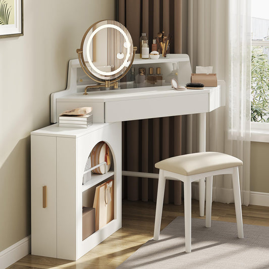 Merax Corner Vanity Desk with Mirror & LED Lights & Stool, Modern Makeup Vanity Table with Drawer Shelf Cabinet for Bedroom, Brightness Adjustable Folding Mirror (White)