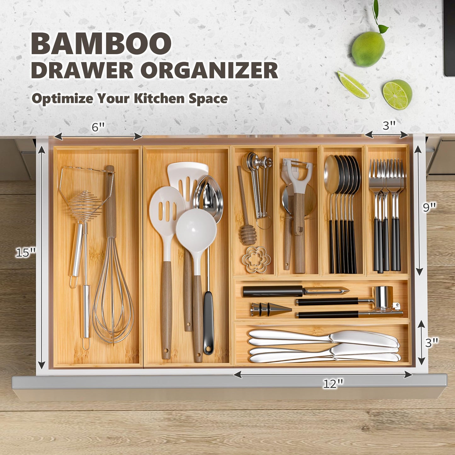 Greatseas Kitchen Drawer Organizer Bins, Stackable Bamboo Deep Drawer Organizer for Silverware, Utensils, Cutlery, Flatware, Junk Drawer, Dresser, Bathroom, 15" x 6" x 2.5" (Set of 2)