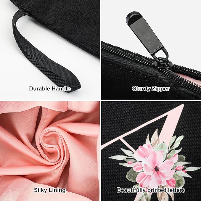 Vavabox A-Z Personalized Makeup Bag, Birthday Gifts for Women Mom, Gifts for Best Friend, Bride Bridesmaid Cosmetic bag (K, 04-Black Set)