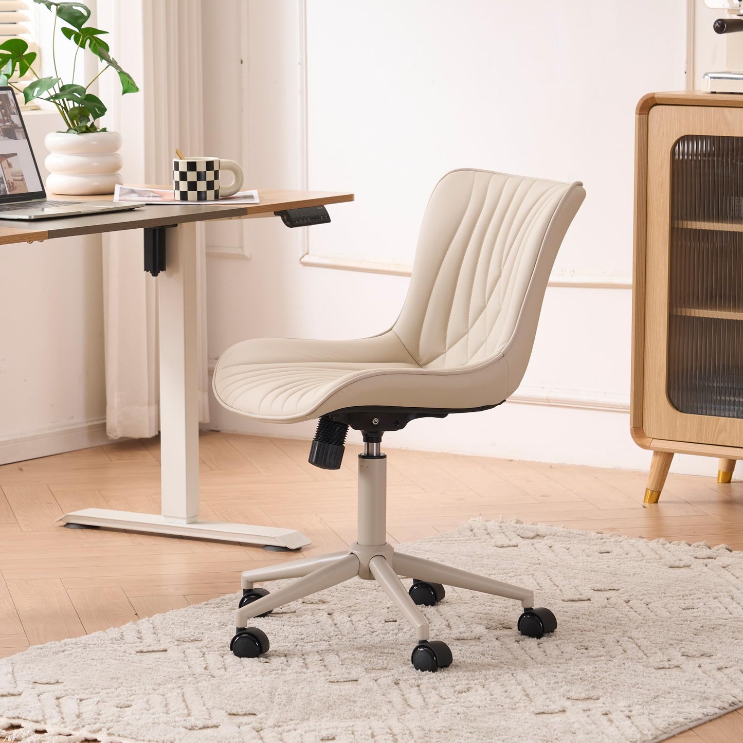 YOUTASTE All Cream Office Chair, Modern Armless Desk Chair with Back, Adjustable Swivel Rolling Faux Leather Task Chair with Wheels Metal Base for Home Office, Study, or Vanity