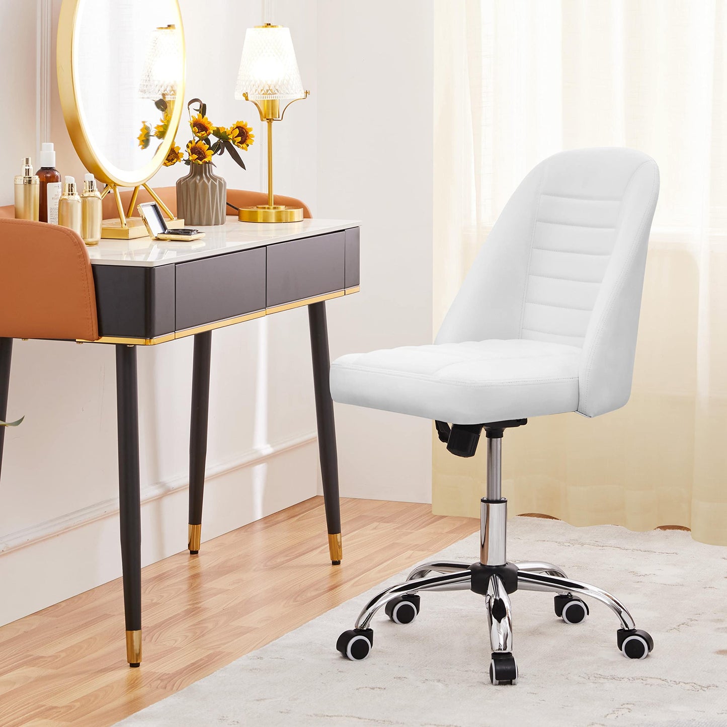 Yaheetech Mid Back PU Leather Armless Desk Office Chair, Modern Vanity Chair with Rolling Wheels, Metal Base White
