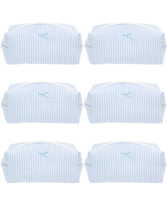 PAZIMIIK 6PCS Cozy Makeup Bag SET Travel Cosmetic Bag for Women Soft Toiletry Bag Aesthetic Makeup Organizer Portable Large Zipper Pouch for Skincare Beauty Accessories Brushes Stripe Blue