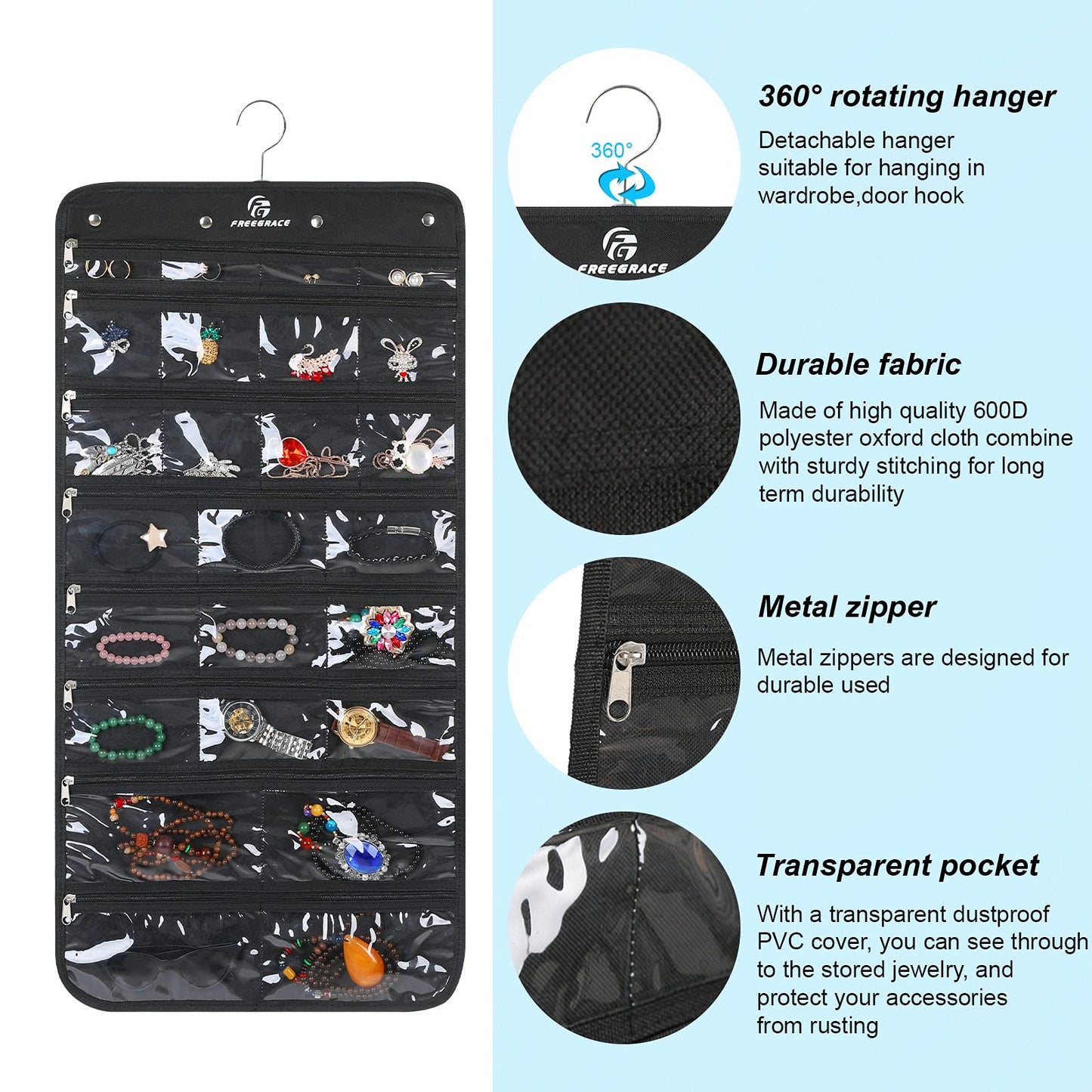 Freegrace Hanging Jewelry Organizer with Secure Zipper Closure - 360° Revolving Hanger, 25 Clear Pockets, 23 Necklace Hooks - Foldable Travel Storage & Closet Display (Black)