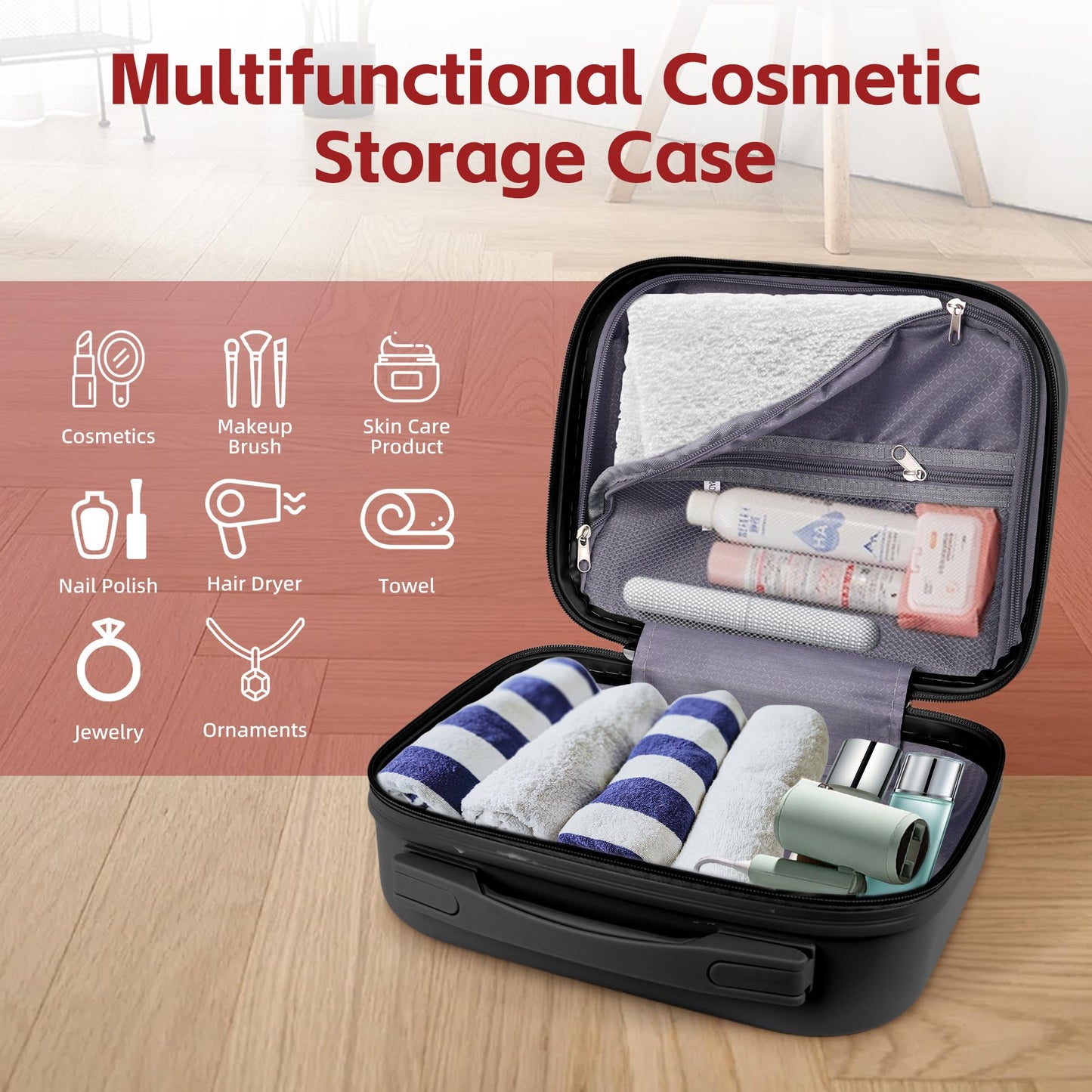 Yoanlayr Portable Makeup Case 14inch Cosmetic Case Travel Toiletry Hand Luggage Carrying Case