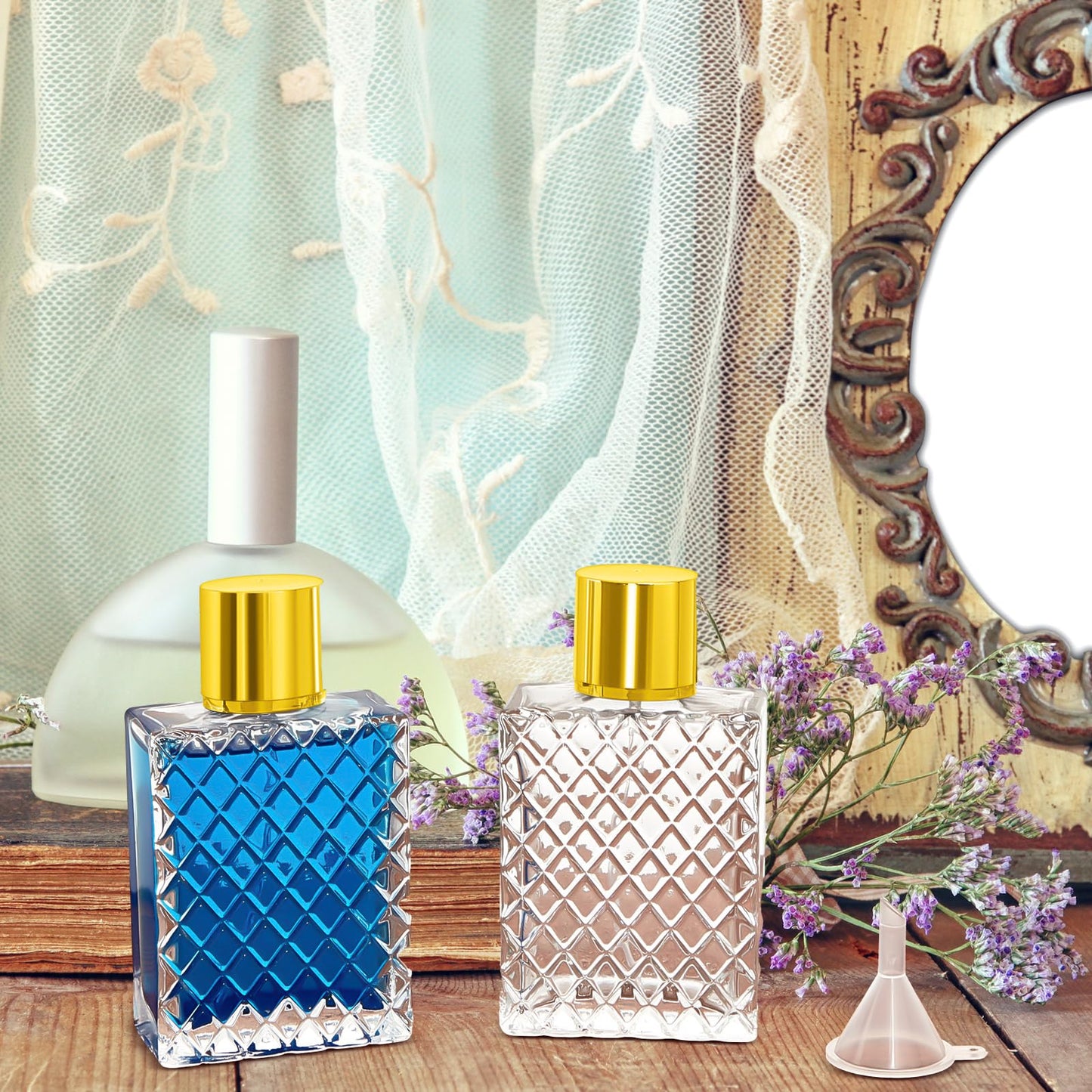 Zhehao 10 Pcs 100ml 3.4 oz Glass Perfume Bottles Refillable Fine Mist Atomizer Spray Bottle with 10 Funnel Filler Empty Portable Perfume Atomizer Clear Essential Oil Container with Sprayer (Gold)