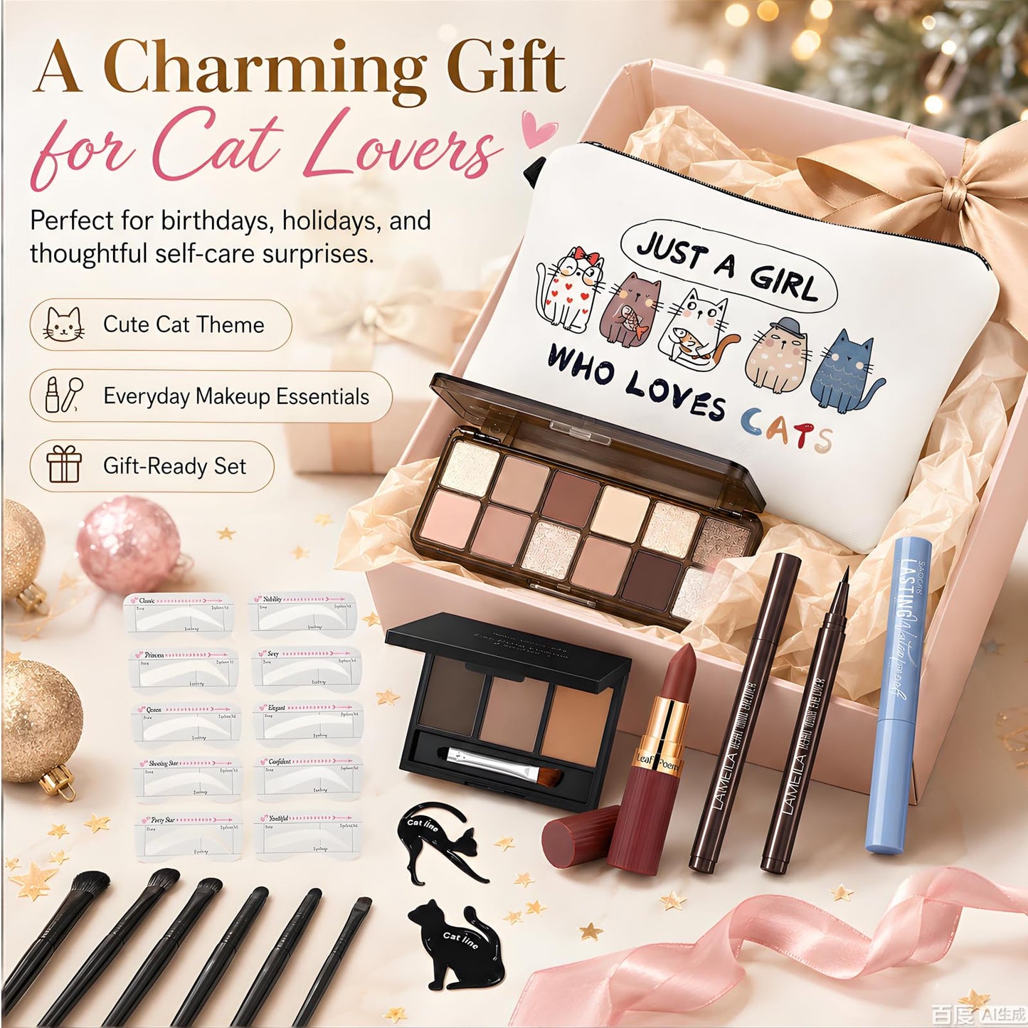 Basic Eye Makeup Kit for Women, 90s Neutral Eyeshadow, Brow Powder, Brow Stencils, Cat Eyeliner Guides, Taupe Matte Lipstick, Cat Lover Cosmetic Bag & etc. - Perfect Makeup Gift Set for Girls & Teens.