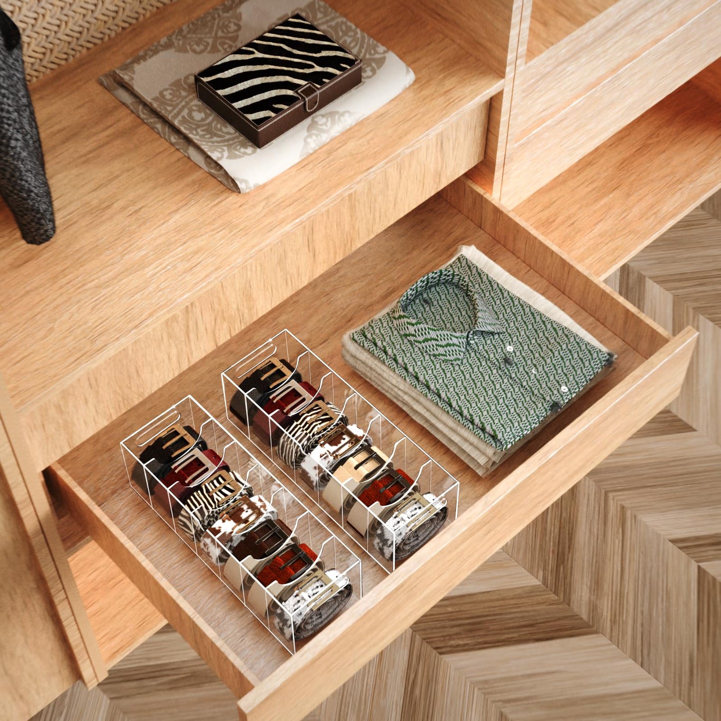 YUNEASELF Belt Organizer - Acrylic Belt Storage Holder for Closet with Dust Cover Lid - 7 Compartments Clear Display Case for Tie and Bow Tie