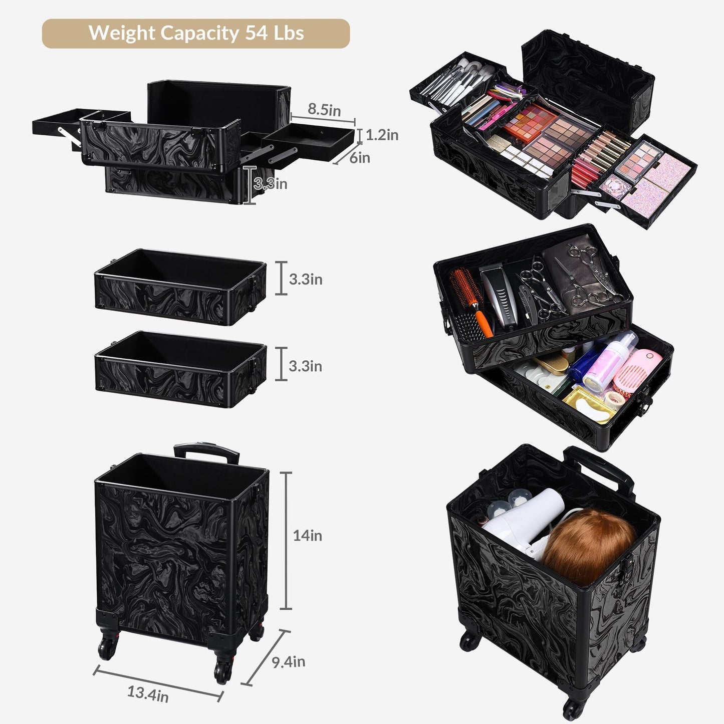 BYOOTIQUE 4in1 Rolling Makeup Case with 2 Foldable Makeup Brush Bags, Professional Cosmetic Train Case for Makeup Artist, Travel & Beauty Salon