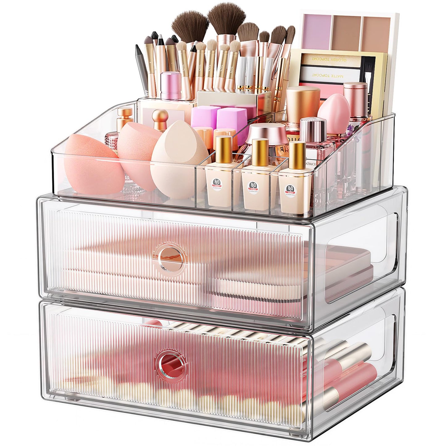 HOMETUK 3 Tier Clear Makeup Organizer with Drawer, PET Cosmetic Storage for Dresser, Countertop & Bathroom Vanity, Holders for Lipstick, Brushes, Skincare & Beauty Supplies