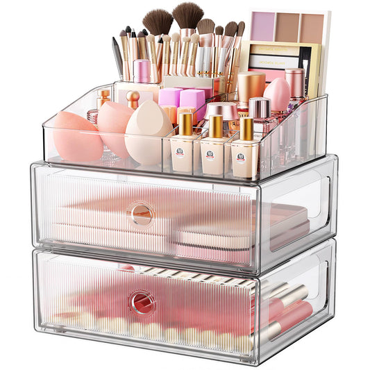 HOMETUK 3 Tier Clear Makeup Organizer with Drawer, PET Cosmetic Storage for Dresser, Countertop & Bathroom Vanity, Holders for Lipstick, Brushes, Skincare & Beauty Supplies