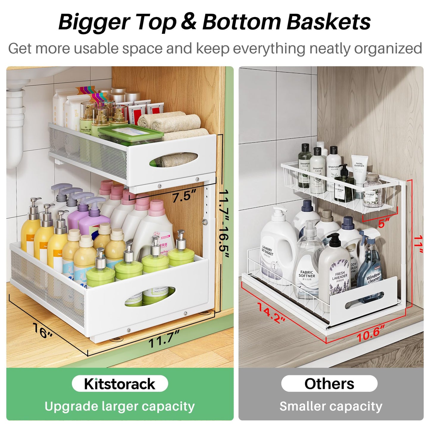 Under Sink Organizer, 2-Pack Pull Out Cabinet Organizer 2 Tier Metal Slide Out Storage Shelf Rack, L-Shaped Adjustable Height,Mesh Sliding Drawer for Kitchen, Bathroom, Laundry, Pantry, White, XL