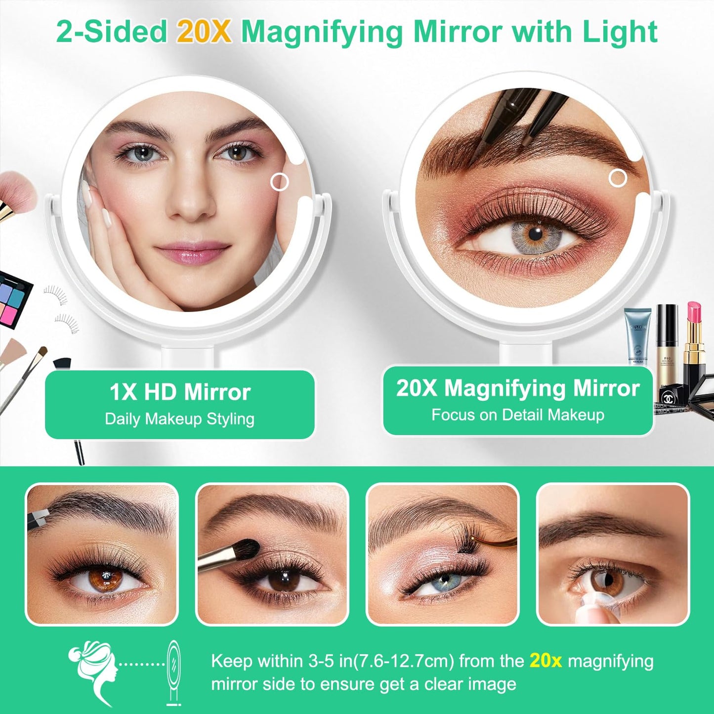 20X/1X Magnifying Makeup Mirror with Lights, Double-Sided Home Vanity Mirror with 3 Color Brightness Adjustable, 360° Rotation, Adjustable Height, Rechargeable, Phone Holder and Storage Tray