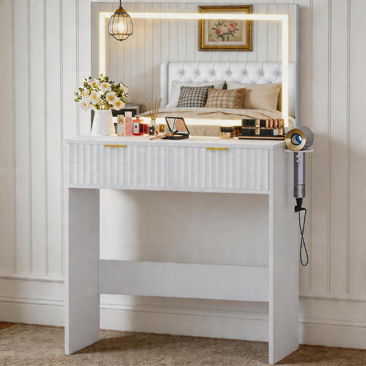 Garvee Fluted Vanity Desk with Large Mirror and Lights, Makeup Vanity with 2 Drawers, 3 Lighting Modes Adjustable Brightness, Make Up Table for Bedroom, White