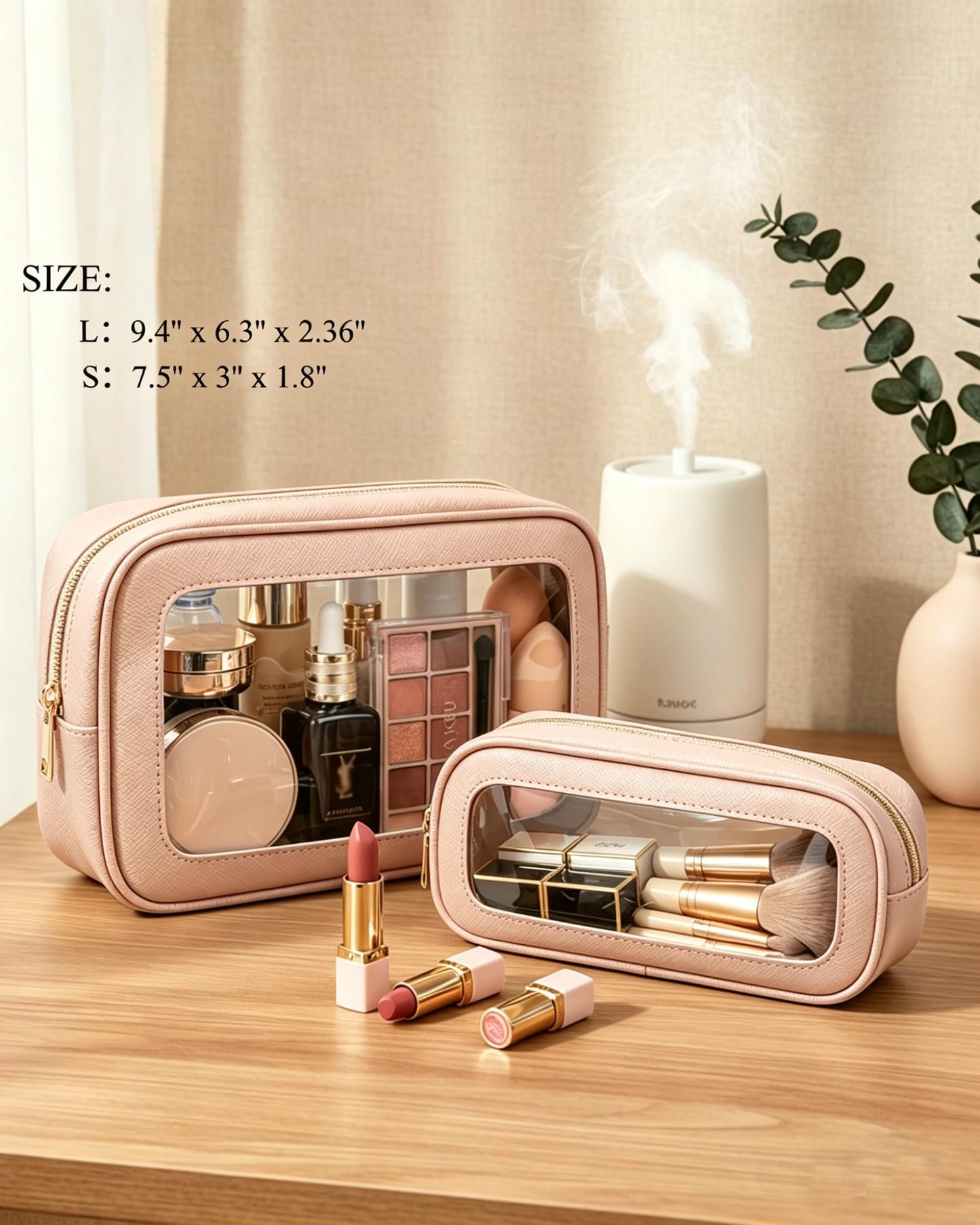 FFpaw 2Pcs Clear Makeup Bags Set - Portable Clear Cosmetic Bag Case Travel Makeup Brush Bag Waterproof Makeup Pouch TSA Approved Toiletry Bag Car Organizer Bag for Women (Dusty Pink Set)