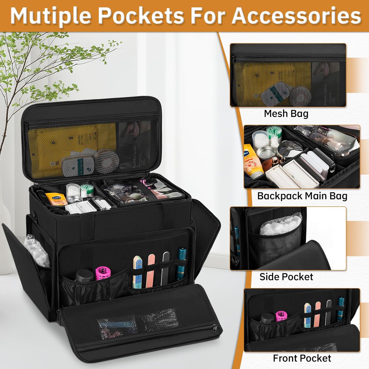 FREEAMG Extra Large Makeup Case with 4 Removable Pouches, Professional Make up Train Case,Travel Cosmetic Bag for Makeup Artist with Shoulder Strap and Handle (Black)（Bag only）