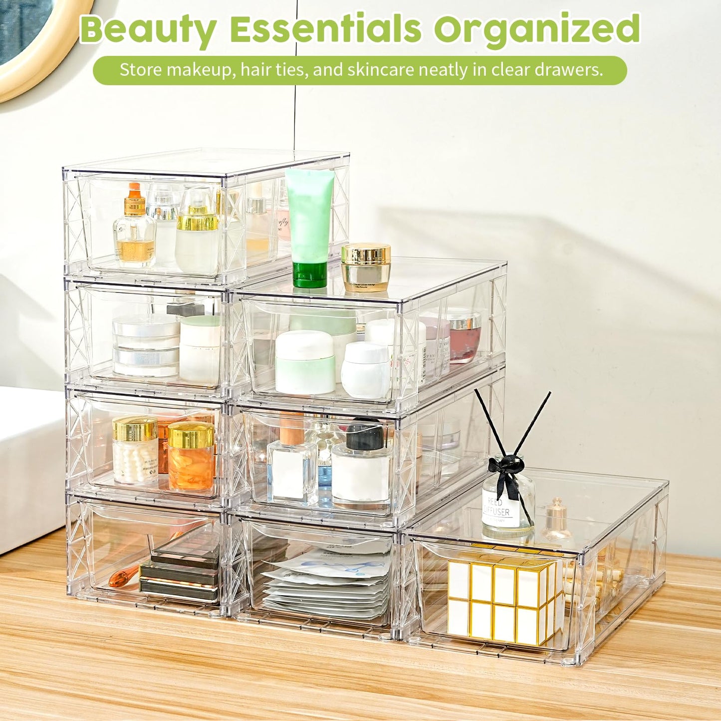 8 Pack Acrylic Storage Drawers, Clear Stackable Storage Drawers, Acrylic Organizers Drawers for Under Sink, Pantry, Bathroom, AcrylicStorage Containers for Makeup Organizers Cosmetic Display, Medium