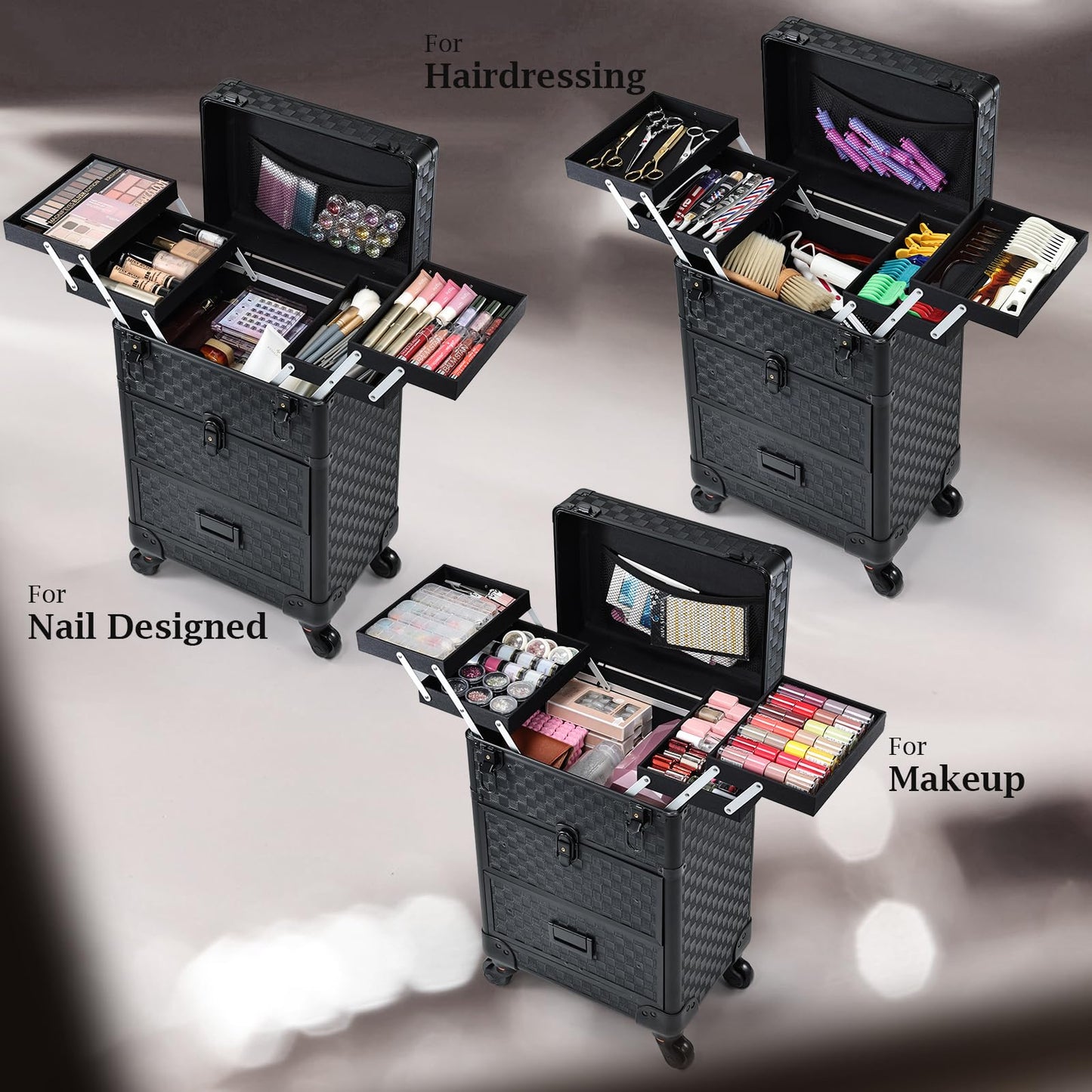Stagiant Rolling Makeup Case with Drawers Cosmetology Case on Wheels 3 IN 1 Makeup Case 2 Drawers with Foot Stand Spring-release Mechanism Rolling Make Up Organizer for Artist Salon Nail Teach Trunk