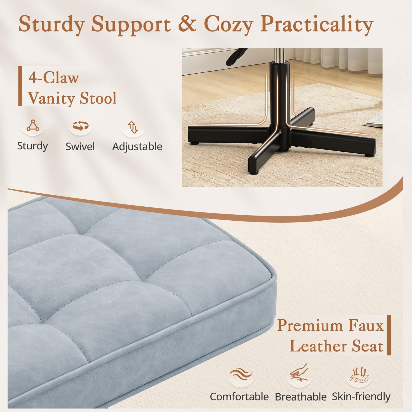 LUE BONA Adjustable Vanity Stool, 15''-19.5'' Foot Rest Under Desk, 360° Swivel Vanity Chair for Makeup Room, Blue Upholstered Faux Leather Ottoman for Bathroom & Living Room, 300lbs