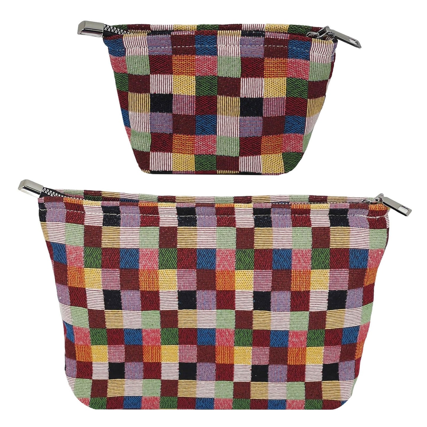 fahombag 2 Pcs Checkered Makeup Bag Set Canvas Cosmetic Pouch for Women Large & Small Cute Preppy Aesthetic Travel Toiletry Pouch Organizer for Purse Skincare Brushes, Multicolor