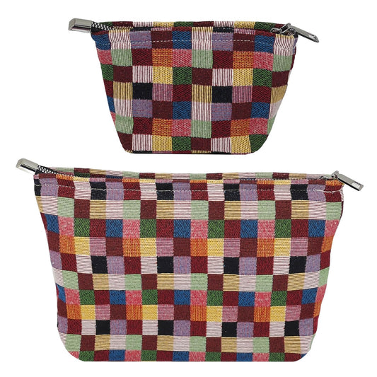 fahombag 2 Pcs Checkered Makeup Bag Set Canvas Cosmetic Pouch for Women Large & Small Cute Preppy Aesthetic Travel Toiletry Pouch Organizer for Purse Skincare Brushes, Multicolor