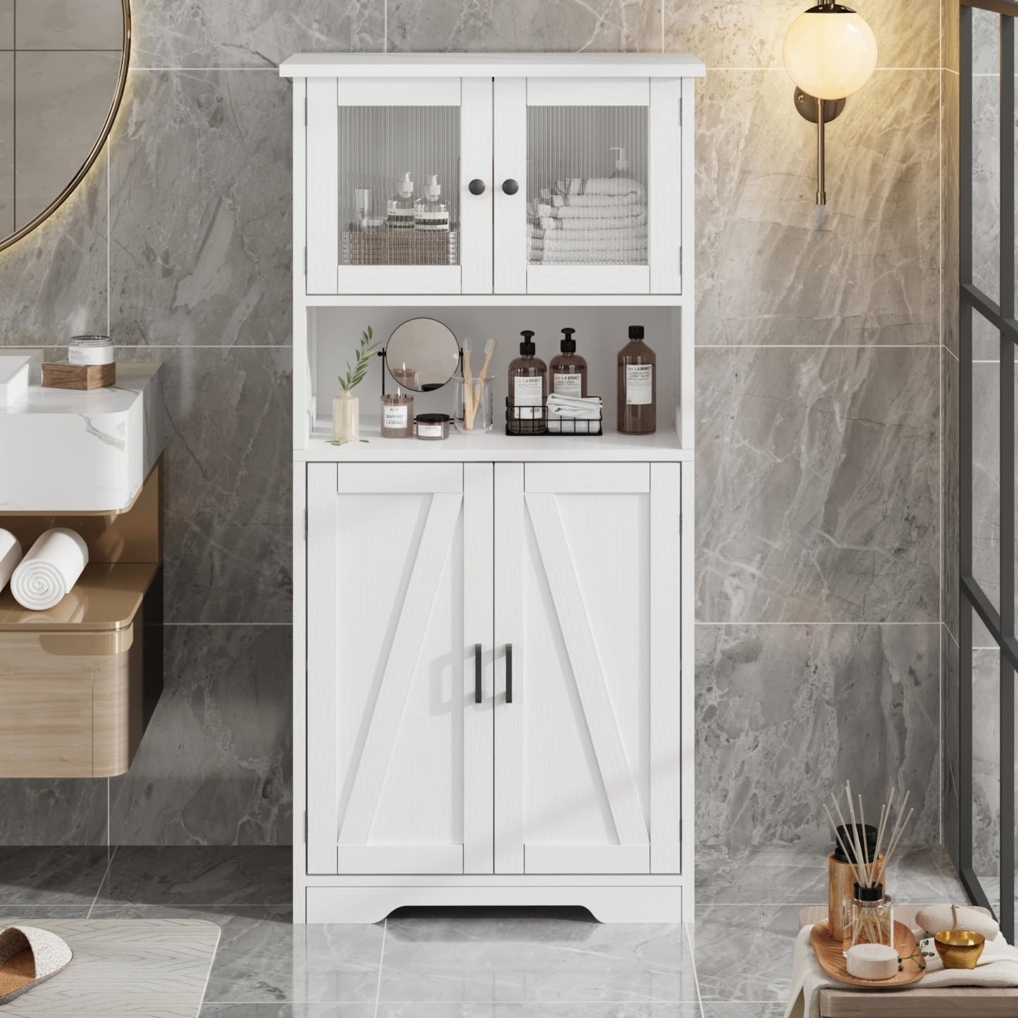 IDEALHOUSE 50" Tall Bathroom Cabinet, Freestanding Bathroom Storage Cabinet with 4 Doors and Adjustable Shelves, Cupboard Modern Storage Cabinet for Kitchen, Pantry, Living Room, White