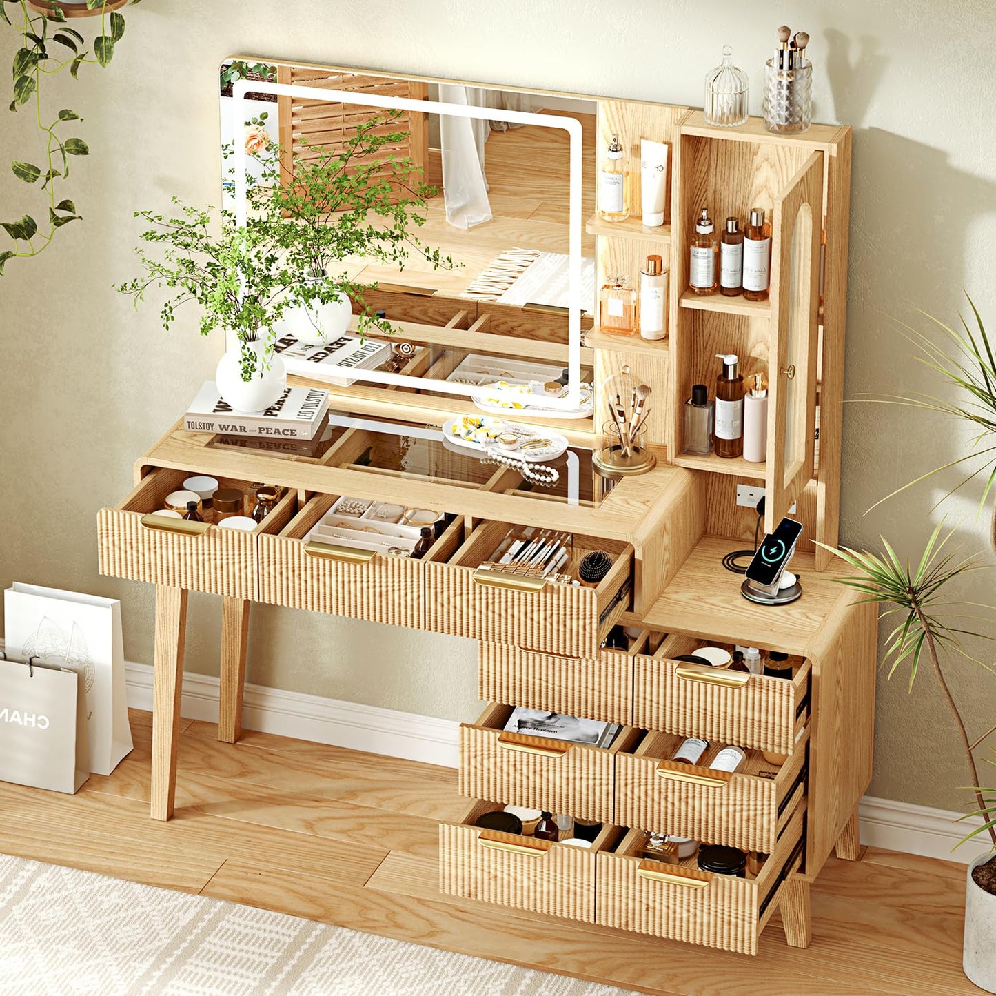 Glass Top Makeup Vanity with 3-Color LED Lighted Mirror & Power Strip, Large Vanity Table with 9 Drawers, Enclosed Cabinet & 2-Tier Open Shelves, Wooden Legs Bedroom Dressing Table, 47.2"W, Oak