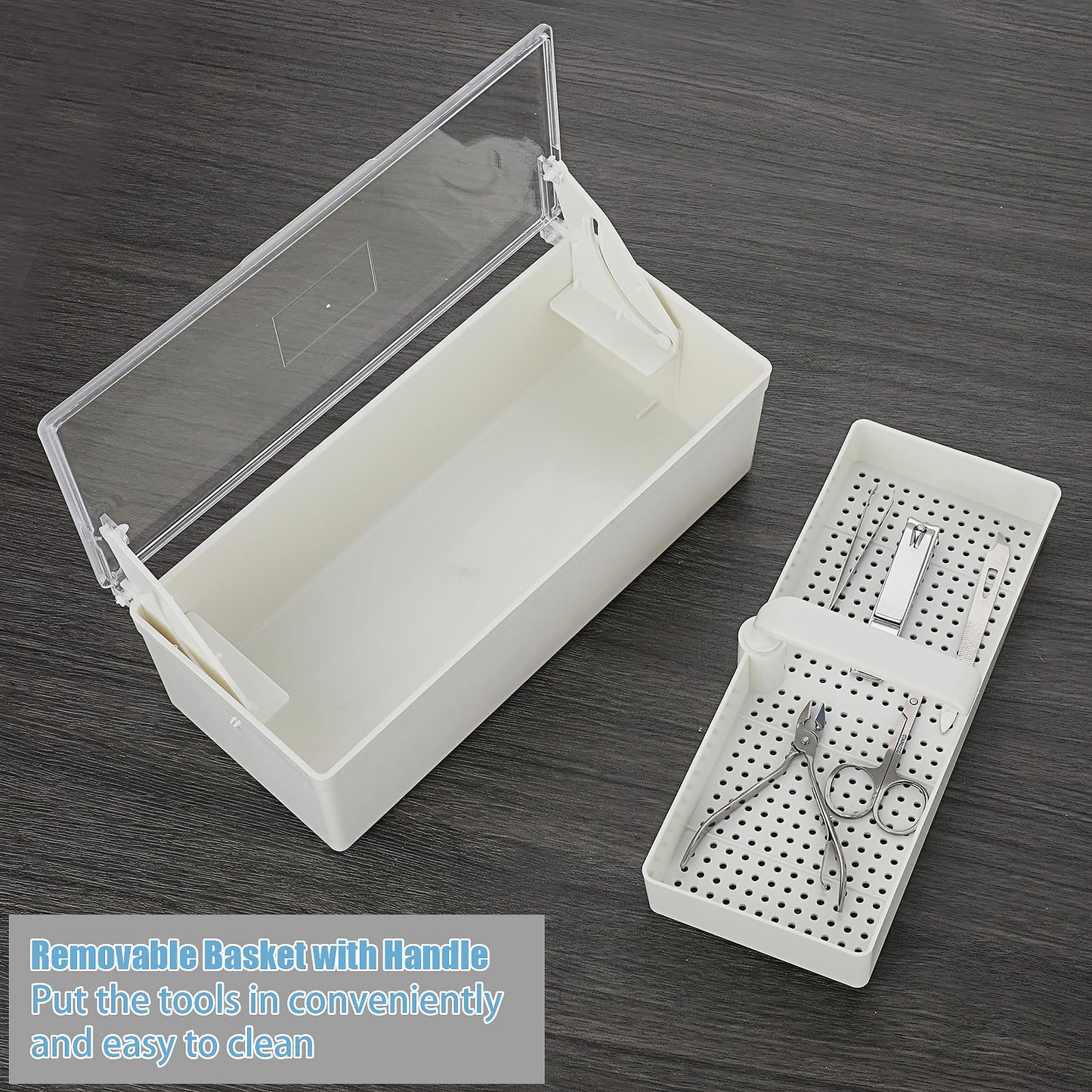 JUXYES Plastic Sterilizing Tray for Nail Art Accessories Tools, Portable Nail Art Tool Sterilizer Tray with Strainer, Storage Box Tool Box for Tweezer Manicure Tools Pedicure Tool