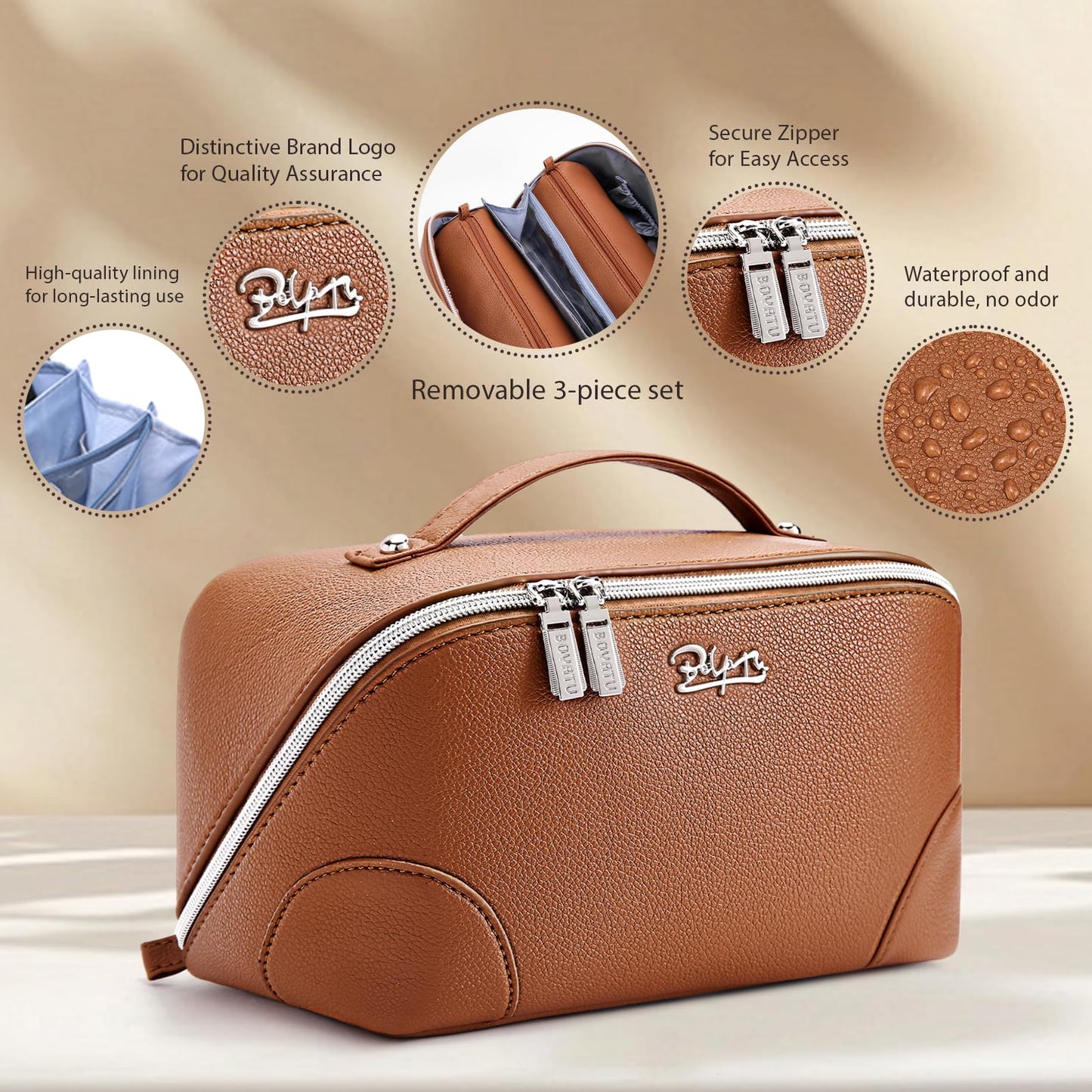BOYATU Travel Makeup Bag Cosmetic Bags for Women: 3 Pcs Set Large Capacity Make up Bag with Handle - Waterproof Vegan Leather Toiletry Bags Travel Essentials with Compartments(C-1-Brown)