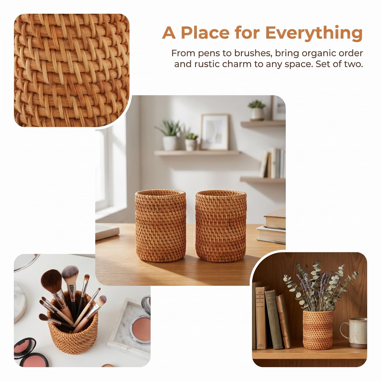 Okllen 2 Pack Rattan Pencil Holder, Handmade Wicker Pen Cup Makeup Brushes Holder, Woven Vine Desk Organizer Pen Container Box for Office & Home Desktop, Kitchen Utensil Cutlery, Cylinder