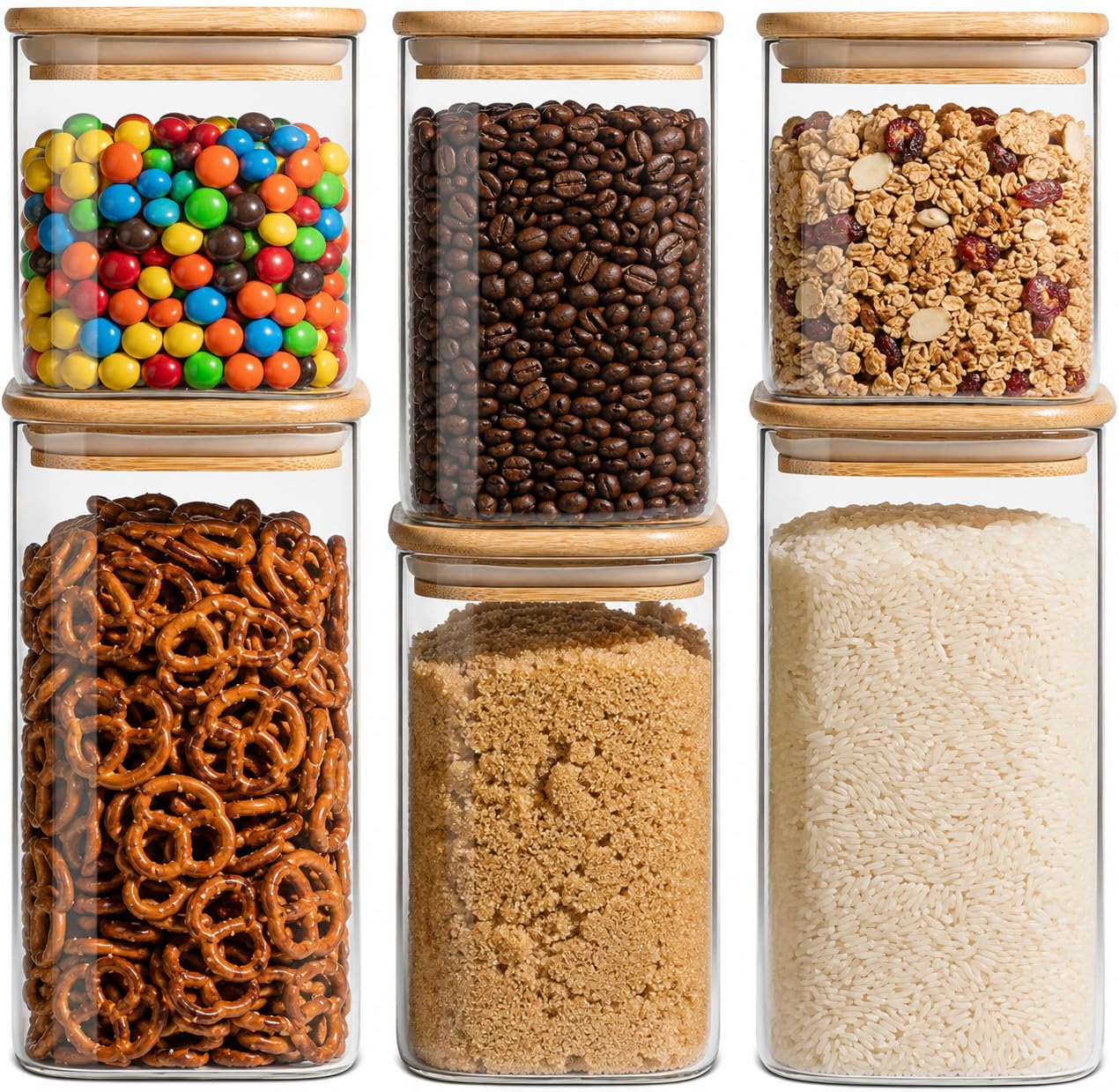 Airtight Glass Storage Containers with Lids Set of 6, 25 /37 /50oz Square Glass Jars with Bamboo Lids, Kitchen Canister Set for Pantry Organization Food Storage for Flour Sugar Rice Pasta Cereal