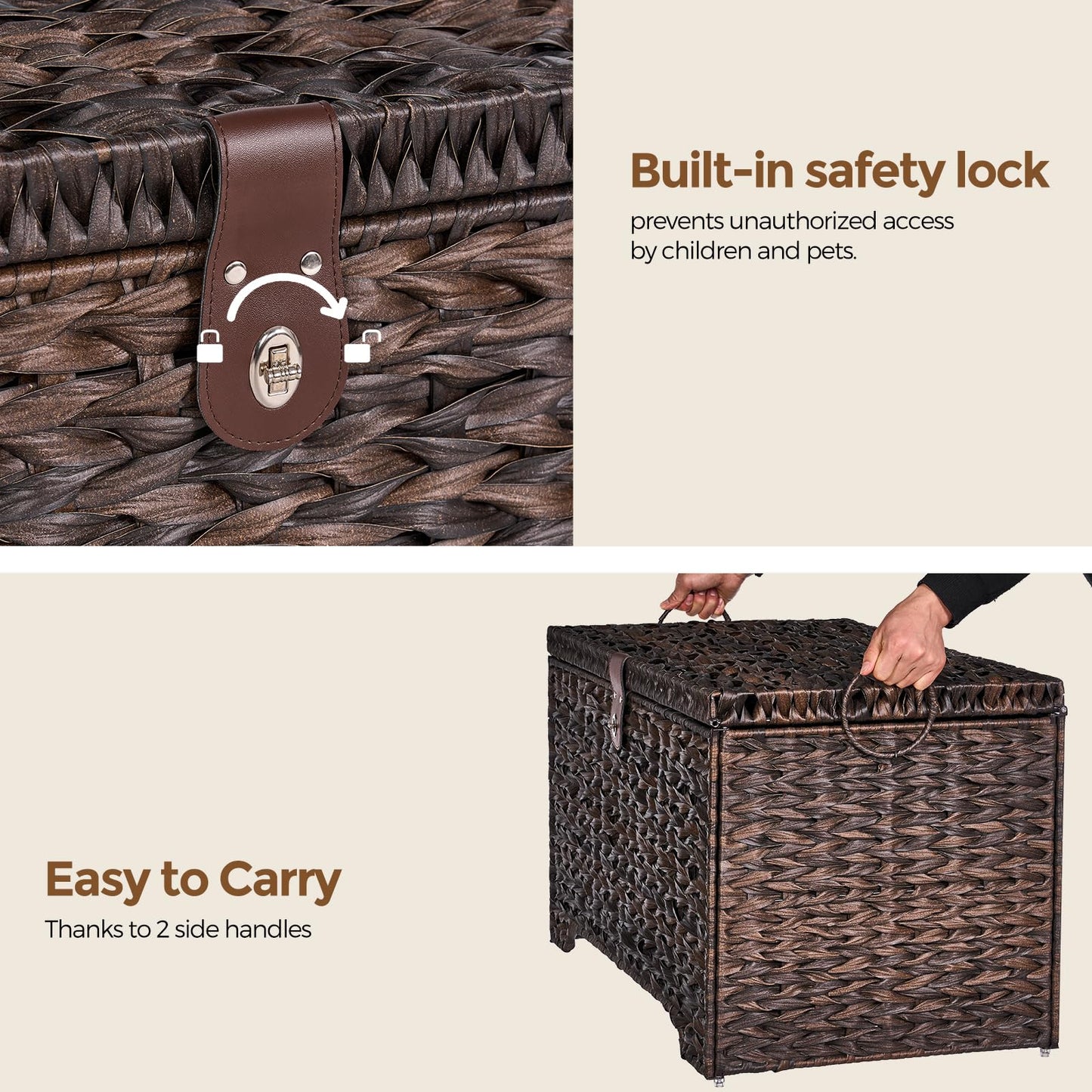 Honjourai Handwoven Storage Basket with Lid, 165L Plastic Rattan Storage Bin, Leather Buckle & Metal Frame, Large Metal Ring Handles, Storage Trunk for Bedroom, Laundry Room