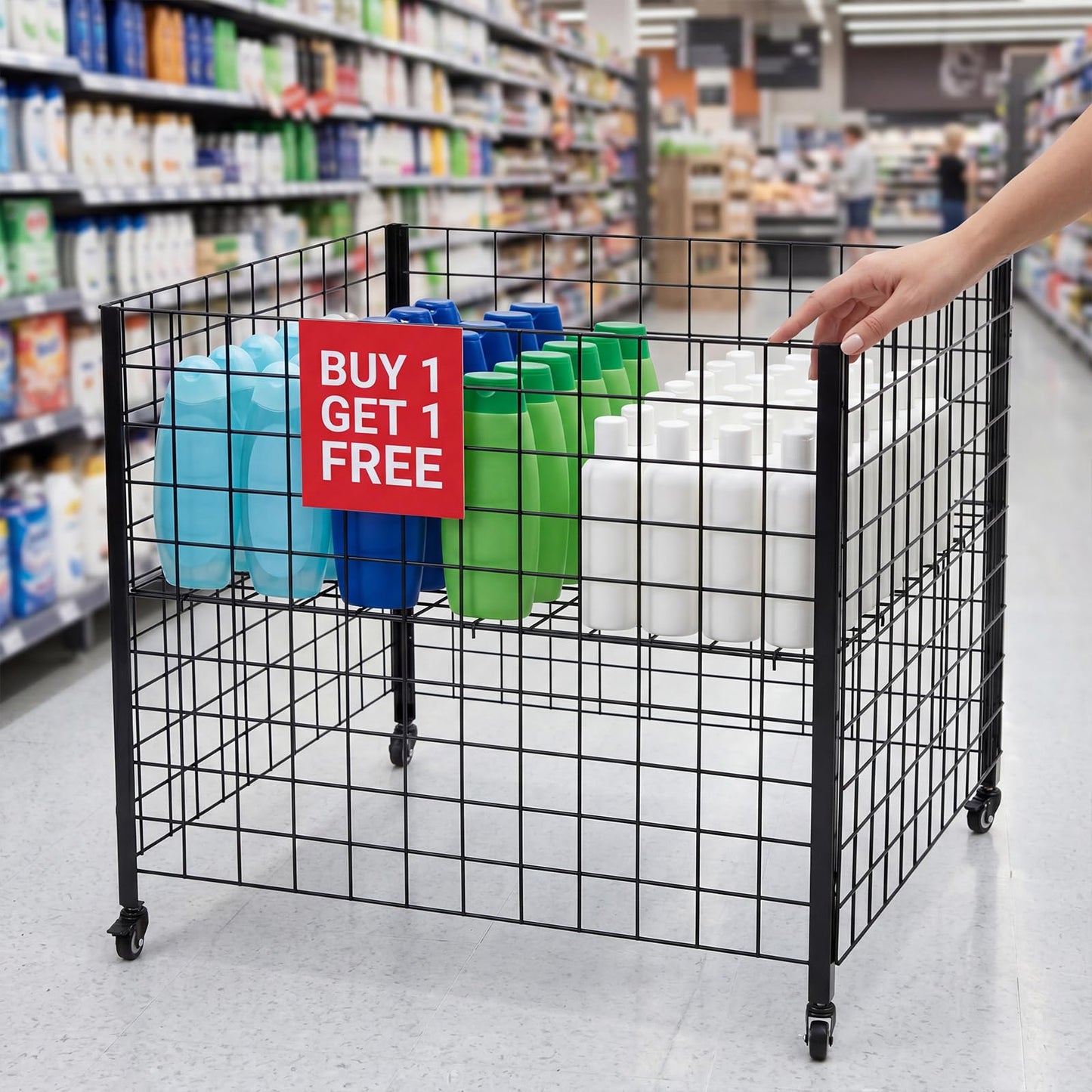 Leinuosen Heavy Duty Metal Rolling Dump Bin with Adjustable Internal Shelf and Locking Casters, Retail Display Storage Basket for Store Warehouse Donation Inventory Organization(36 x 36 x 30 Inches)