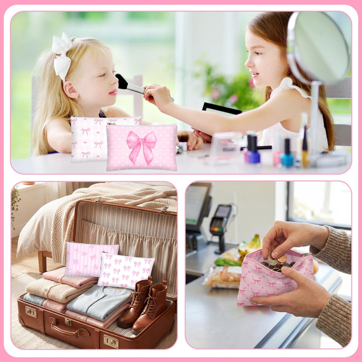 Bafeil 24 Pcs Pink Bow Makeup Bag Bulk Coquette Cosmetic Bags for Women Preppy Pouches with Zipper Travel Toiletry Bags Bow Themed Gifts Accessories for Birthday Wedding Party Favor Valentine's Day