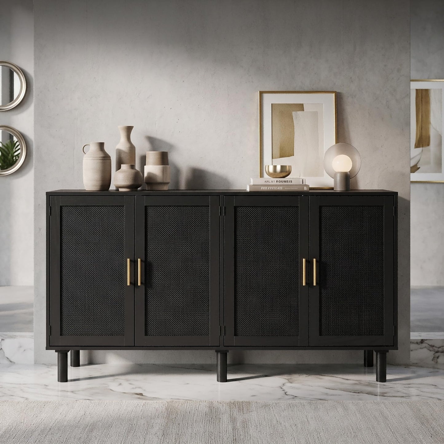 Finnhomy 4 Door Sideboard Buffet Cabinet, Kitchen Storage Buffet with Black Painted Rattan Decorated Doors, Cupboard Console Table, Boho Accent Liquor Cabinet, 62.3X 15.7X 34.6 Inches, Full Black