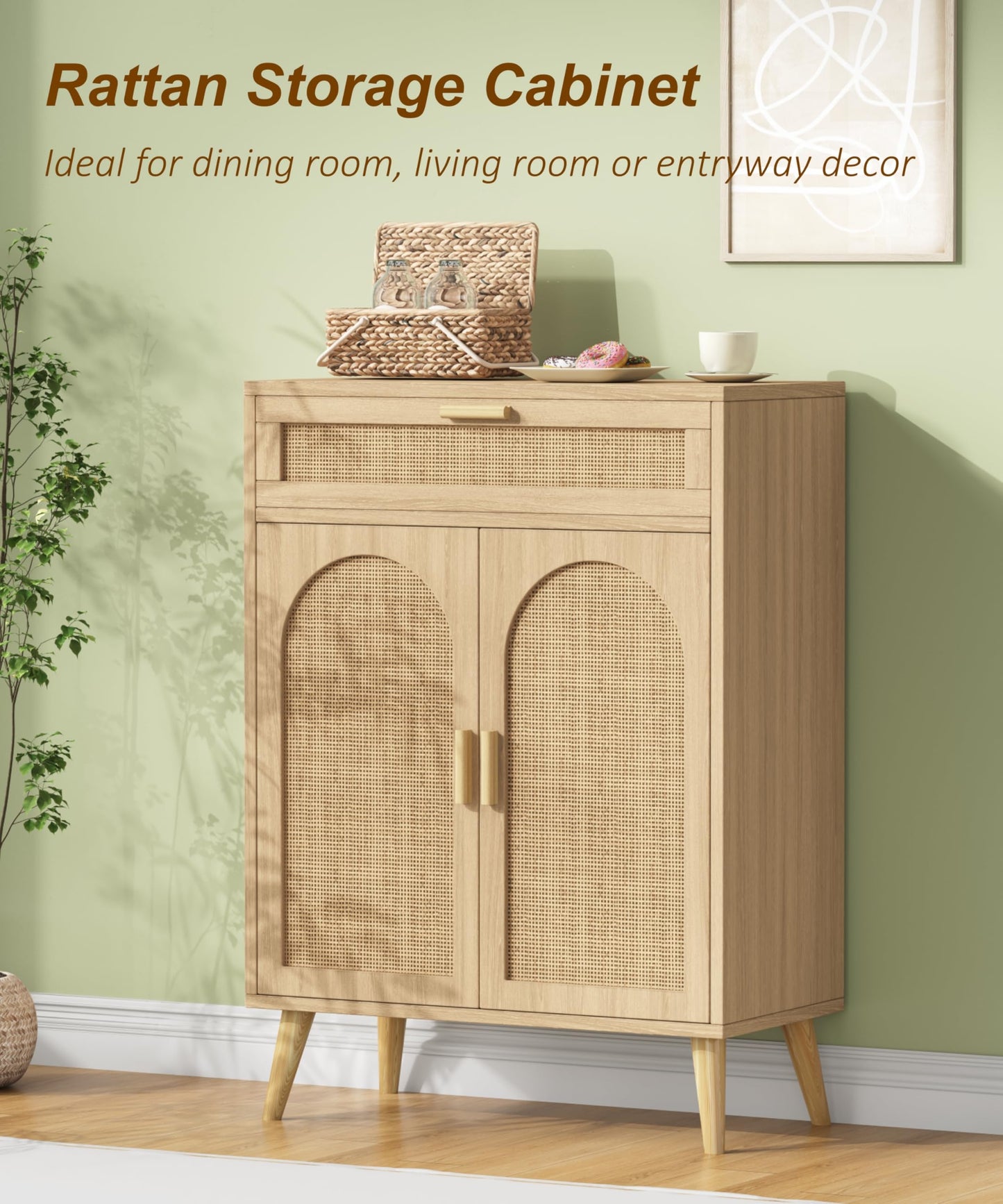 Keehusux Rattan Sideboard Buffet Cabinet with Drawer and 2 Doors, Accent Storage Cabinet with Adjustable Shelf, Solid Wood Feet, Coffee Bar for Kitchen, Living Room, Entryway, Natural Oak