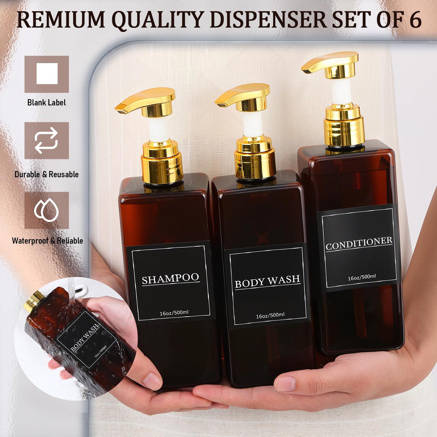 Gejoy 12 Pack Amber Shampoo and Conditioner Dispenser Bottles, 17 Oz/ 500ml Refillable Empty Pump Bottles with Labels and Marker Pen, Plastic Square Pump Dispenser Bottle for Bathroom Body Wash Shower