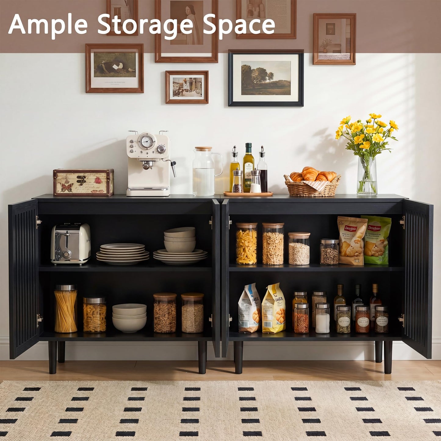 CHUWELL 31.5" Farmhouse Buffet Cabinet with Storage, Modern Black Sideboard Coffee Bar Cabinet with Grille-Striped Doors & Adjustable Shelf, Accent Storage Cabinet with Solid Wood Feet for Dining Room