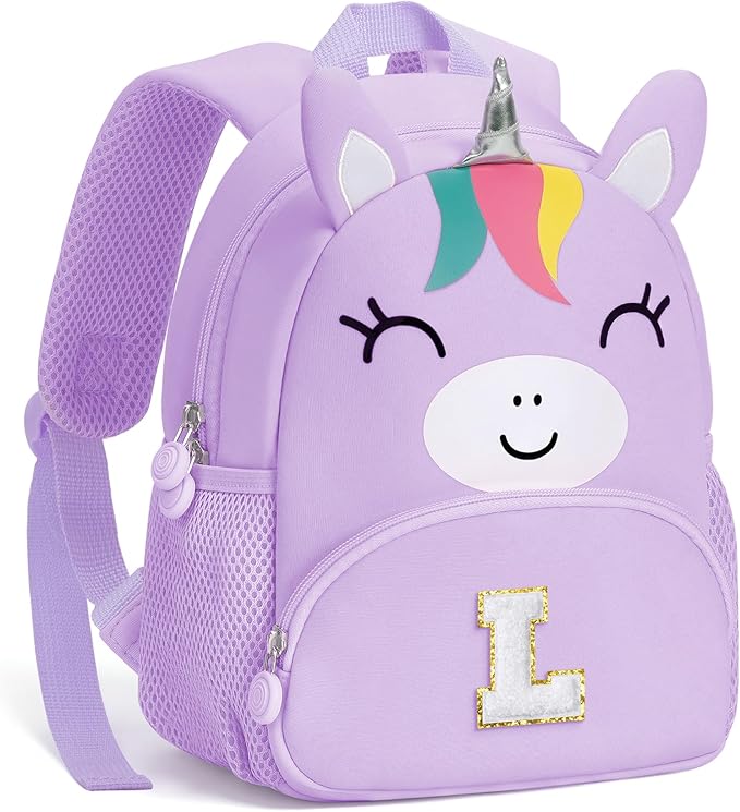 YOOLIFE Gifts for Toddler - Small Backpack for Kids, Purple Initial School Backpack for Toddler Kid | 2 3 4 5 Year Old Birthday Gift for Daughter Purple L