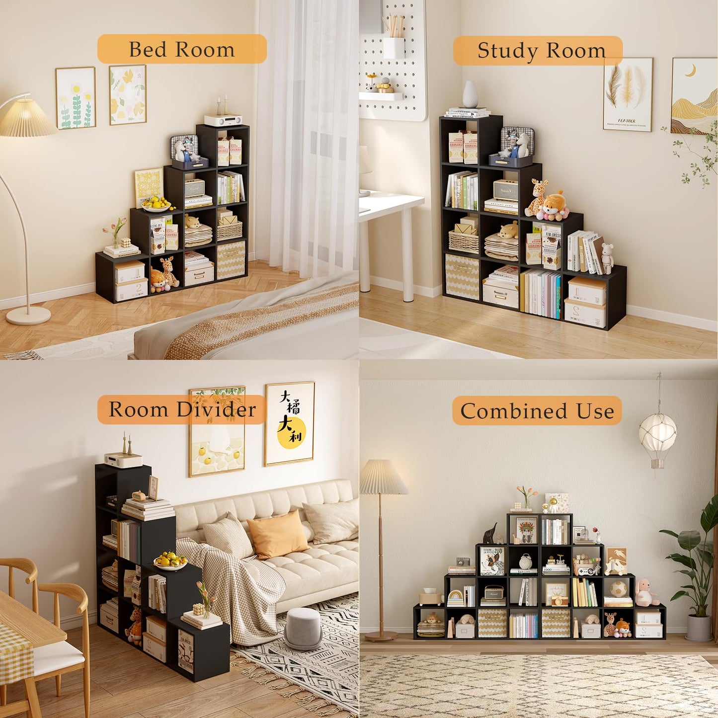OSCHF Ladder Cube Storage Bookcase - Wooden L-Shaped 4-Tier Corner Shelf, Reversible 10-Cube Organizer for Home & Office, Black