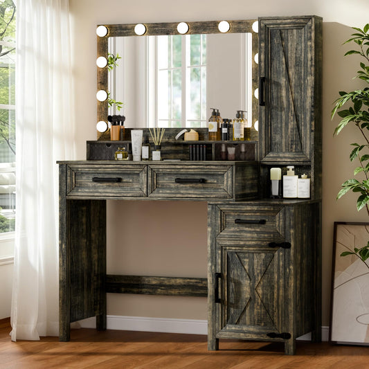 NicBex Vanity Desk with LED Lighted Mirror & Charging Ports, Makeup Vanity Table with Sliding Jewelry Cabinet, Built-in Lipstick Organizer, 3 Drawers and Shelves, Dressing Table for Bedroom, Brown