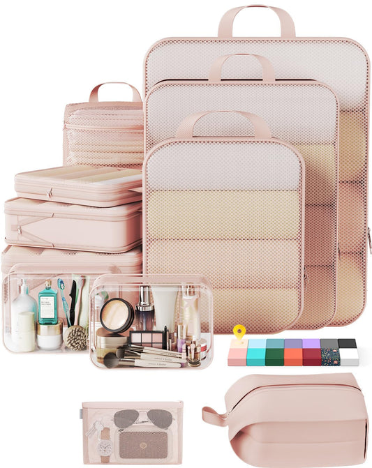 Veken 11-Pack Compression Packing Cubes for Travel Essentials,Compressible Expandable Large Luggage Suitcase Organizer Bags for Clothing,Durable Space Saver Bags with Toiletry Bags(Beige)