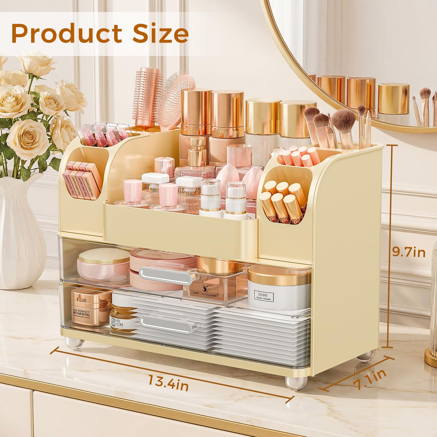 Makeup Organizer for Vanity with Brush Holder, Large Bathroom Countertop Organizer & Skincare Storage | Perfume, Cosmetics Display Case with Drawers (Cream White)
