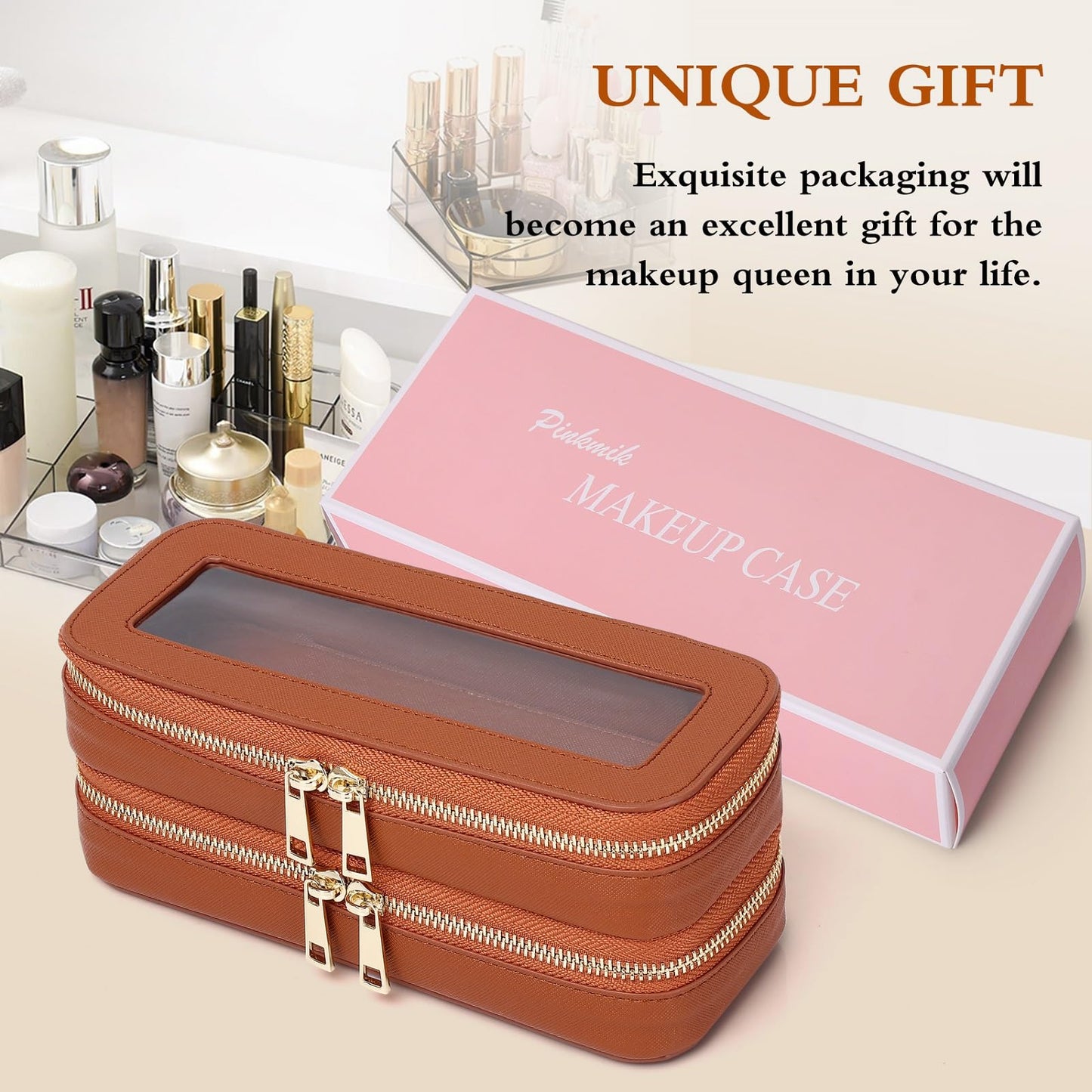 Pinkmik Double Layer Makeup Bag, Brown, Double SLIM
