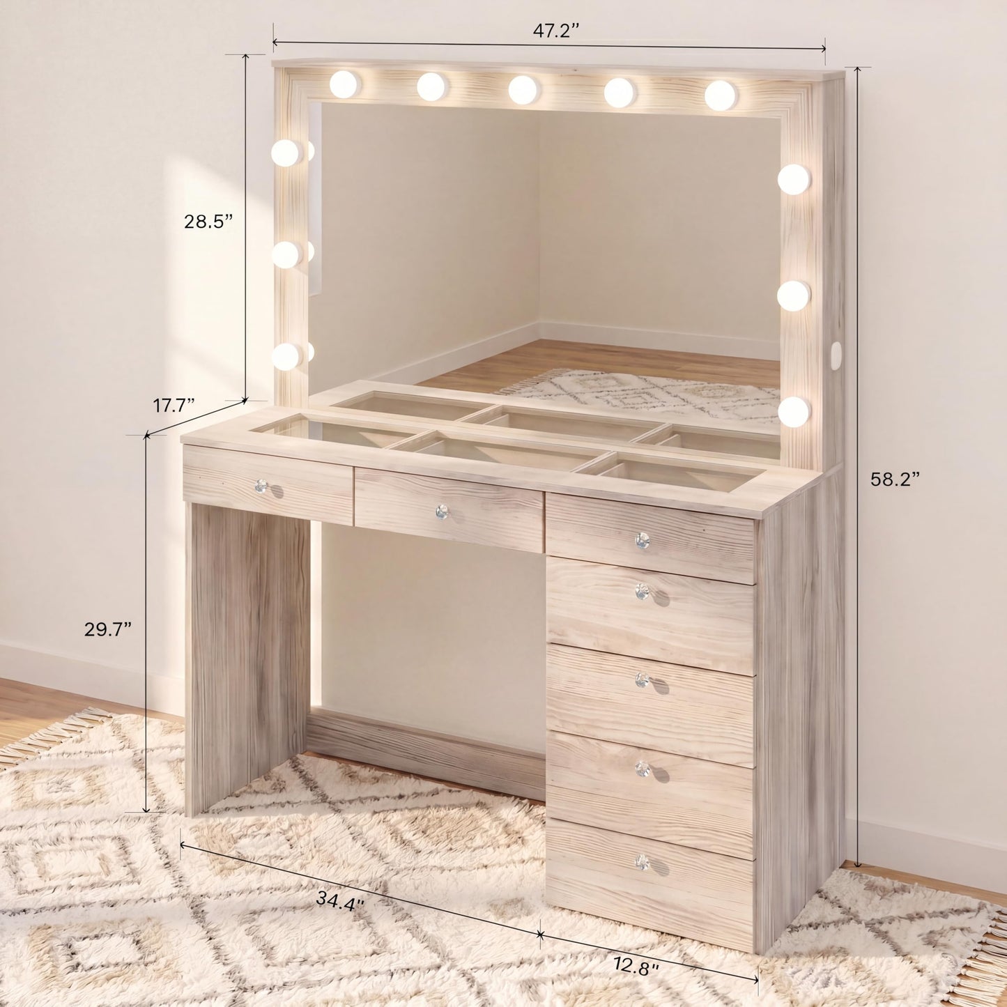 Boahaus Luna Vanity Desk with Framed Bulb Mirror – 7 Drawer Integrated Makeup Station (Greige, Bulb Mirror)