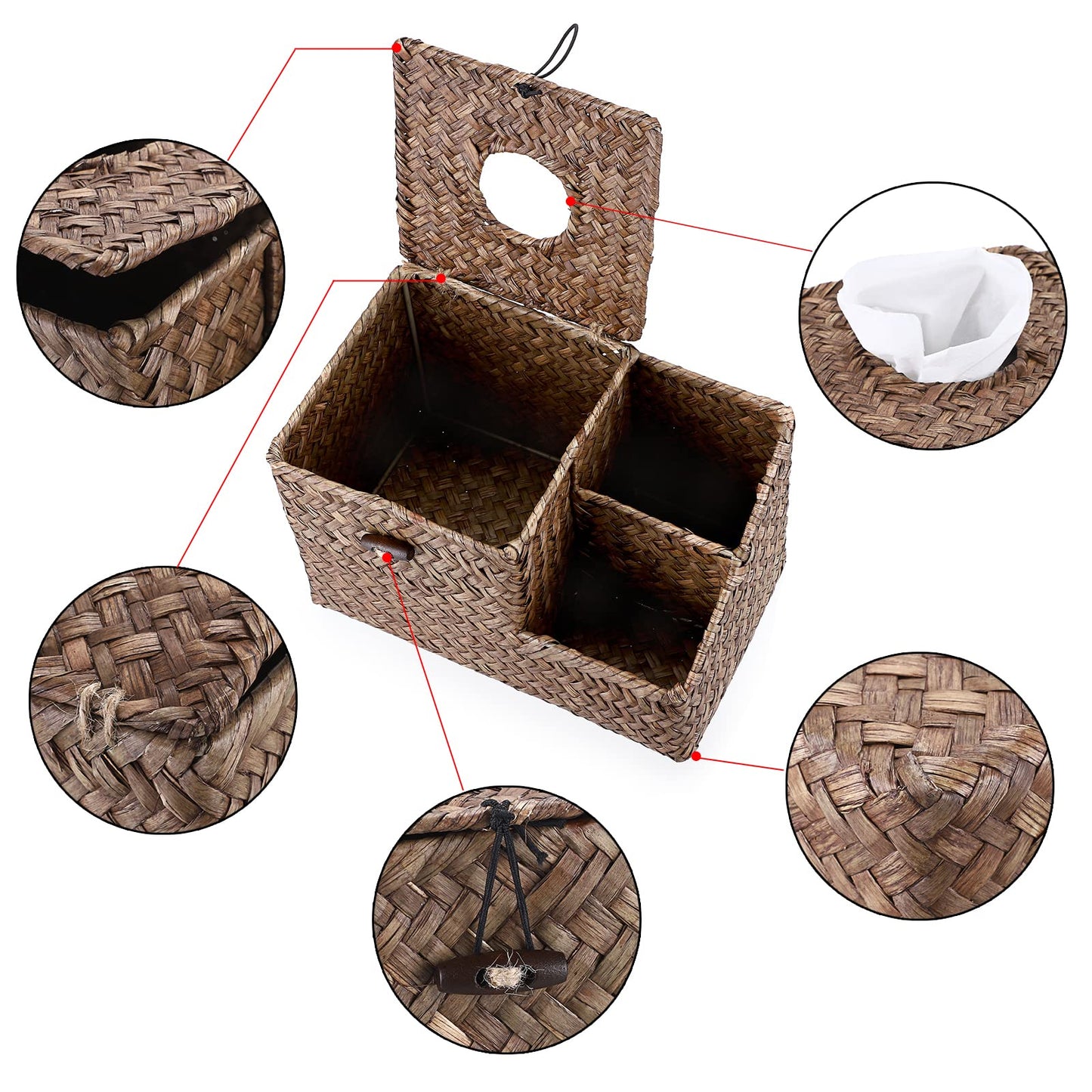 Sumnacon Square Woven Tissue Box Cover - Decorative Cube Tissue Box Holder with Side Organizer, Rustic Seagrass Tissue Box for Living Room Vanity Night Stand Table Countertop Office,Coffee