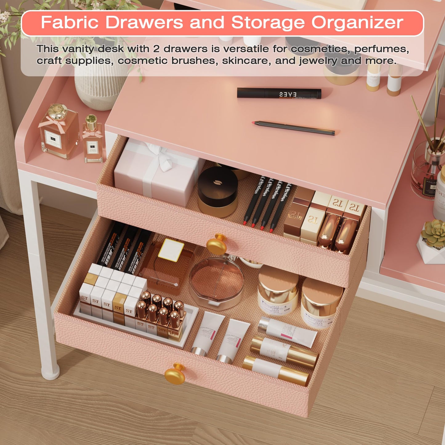 HIGDBFE Vanity Desk with Mirror and Lights 28.4''W Small Makeup Vanity