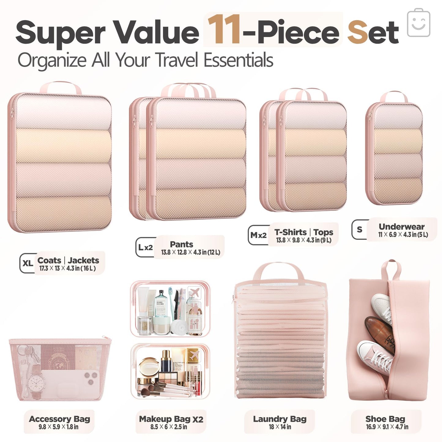 Veken 11-Pack Compression Packing Cubes for Travel Essentials,Compressible Expandable Large Luggage Suitcase Organizer Bags for Clothing,Durable Space Saver Bags with Toiletry Bags(Beige)