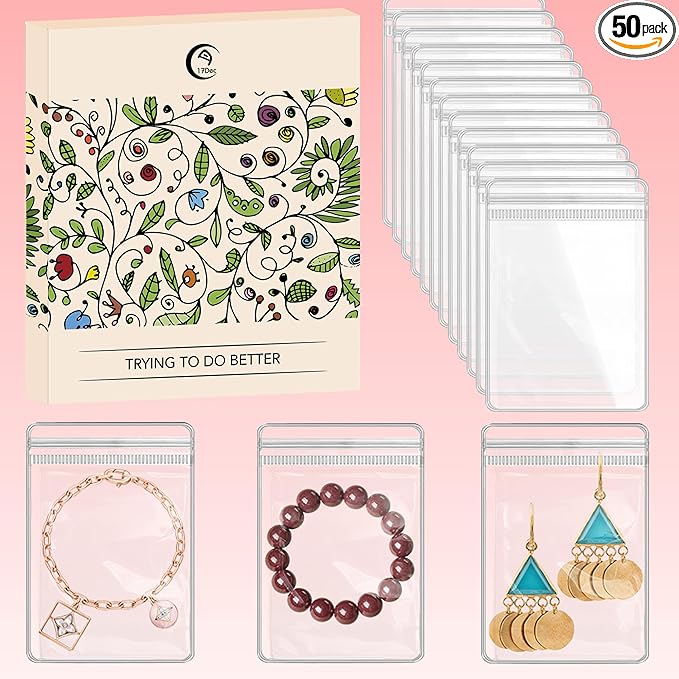 50 Large Plastic Jewelry Bags with Zipper, Clear Anti Tarnish Jewelry Bags for Small Business